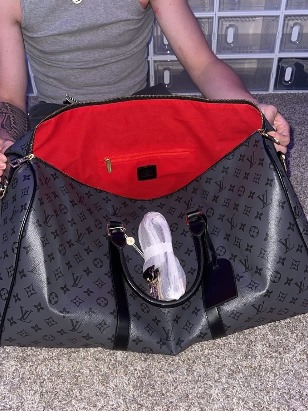 Louis Vuitton Black Monogram Duffel with Red Interior